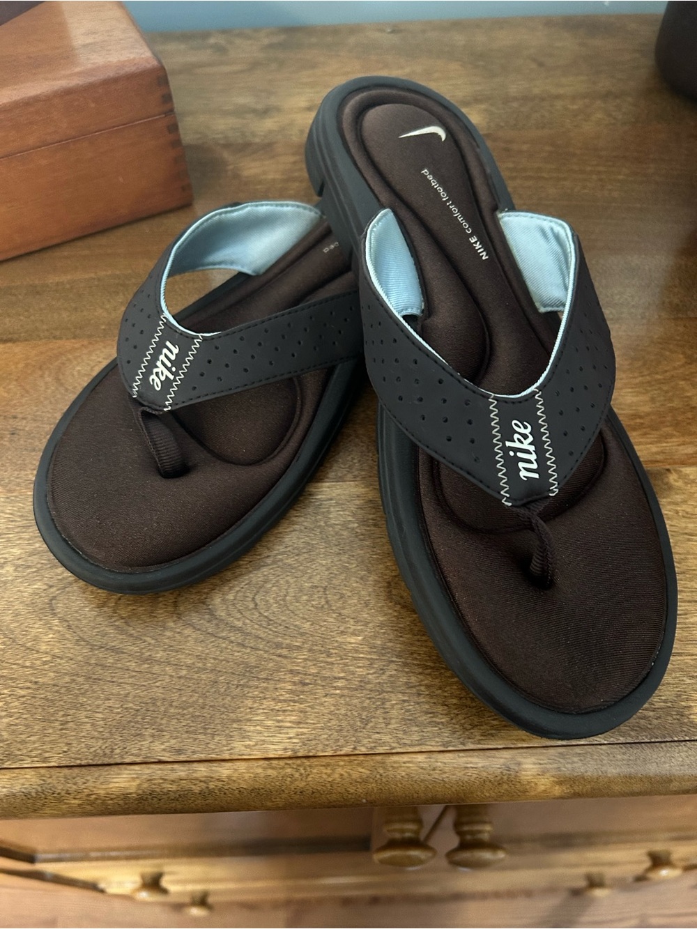 Classic Nike Comfort Thong Flip Flop in Brown and Pale Blue, Women’s